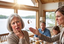 I never imagined Sunday breakfast with my family would end with my hearing aid flying across the floor after my daughter-in-law screamed, “Sign the lake house over, or you’ll die alone!” My nine-year-old granddaughter was crying, my son stood frozen, and I quietly made two phone calls. Thirty-eight minutes later, a woman stepped onto my porch. The moment my son saw her, he collapsed into tears… and that’s when everything changed.