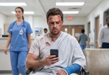 I was lying in the emergency room with broken ribs when my wife texted, “I’m having lunch with my male best friend. I can’t just leave.” I replied with one word: “Okay.” Twenty minutes later, a police officer stopped beside their table and quietly said, “Ma’am… your husband asked us to deliver something before you reached the hospital.” She smiled at first—until she realized what that message really meant.