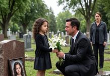I was kneeling at my daughter’s grave when a little girl with her exact face held out white lilies and whispered, “Mister, will you buy flowers for someone you miss?” My blood froze. Seven years earlier, my wife swore only one baby survived. Now this child had Emma’s eyes, Emma’s scar—and the maternity nurse who saw me staring grabbed her hand and ran. That was when grief turned into suspicion.