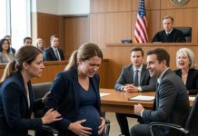 I was eight months pregnant when a sharp pain tore through me in divorce court. My mother-in-law laughed, “She’s faking it again,” and my husband smirked, “She always pulls this stunt.” Even the judge looked doubtful—until my water broke across the courtroom floor. The bailiff shouted, “Your Honor, she’s in labor!” Then the judge slowly stood up, and my husband’s smile vanished.