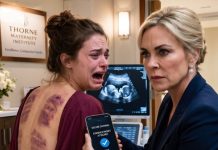 “Mom… please don’t tell anyone,” my daughter whispered, desperately trying to pull her shirt back on. But I had already seen them—dark, boot-shaped bruises covering her back and ribs. My heart stopped. She was eight months pregnant, and someone had been beating her. When I demanded the truth, the name she finally choked out shattered everything I believed about our family… and what I did next changed all of our lives forever.