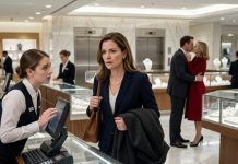 My husband smiled and said, “Just a few minutes,” before leaving me alone at the jewelry counter. Then a terrified employee pulled me into the security room and whispered, “Ma’am, he planted a forty-eight-thousand-dollar bracelet in your bag.” On the monitor, I watched him kiss his mistress and discuss my arrest. He thought one stolen diamond would take away my company—but he had forgotten who controlled the trust.