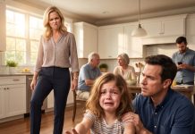 The moment my sister crushed my seven-year-old daughter’s visual aid glasses beneath her heel, my little girl cried, “Daddy… I can’t see you anymore.” Everyone watched as she forced my blind child to scrub the same kitchen floor again and again, laughing while she stumbled into cabinets. I stayed silent, picked up the broken pieces, and walked away. They thought they had won. Nine hours later, their nightmare began.