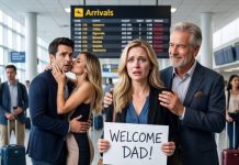 I was holding a “Welcome Home, Dad” sign when I saw my husband kissing another woman beneath the airport arrivals board. He was supposed to be on a business trip. When he noticed me, he pulled away and hissed, “Claire, don’t make a scene.” My father calmly placed a hand on my shoulder. “Don’t cry, sweetheart,” he whispered. “Destroy him properly.” Daniel had no idea whose company he was stealing.
