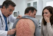 I froze when I saw them—dozens of tiny red bumps dotting my husband’s back, clustered like something laid there. “It’s probably a rash,” he muttered, trying to laugh it off. But my stomach turned. At the clinic, the doctor leaned in, then went strangely still. His lips parted, eyes draining of color. He whispered, “Don’t go home. Call the police. Now.”