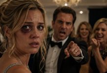 ON OUR 10TH YEAR ANNIVERSARY DINNER, I STOOD IN FRONT OF EVERYONE WITH A BLACK EYE. THE ROOM WENT SILENT. MY HUSBAND SAID PROUDLY “IT’S WAS MY SISTERS… THEY TAUGHT HER SOME RESPECT” HIS SISTERS LAUGHED PROUDLY… THEN MY TWIN SISTER WALKED UP TO MY HUSBAND AND DID SOMETHING THAT SHOCKED THEM ALL… THE BALLROOM ERUPTED.