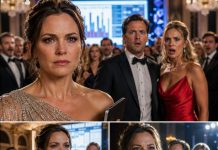 At his company’s anniversary celebration, my husband struck my shoulder and leaned close enough to whisper, “Go home. She belongs beside me tonight.” His mistress stood only a few feet away in a fitted red gown, pretending she hadn’t heard a word.