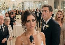 On my wedding day, I froze when I saw our main table replaced—nine seats taken by my husband’s family while my parents were left standing. His mother looked them up and down and sneered, “They look poor.” My husband actually nodded. “They’ll be fine.” I smiled, lifted the microphone, and said, “Before we continue, there’s something everyone should know about the man I almost married…” Then I watched his face turn white.