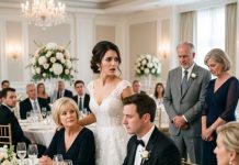 On my wedding day, I walked into the reception and found my parents standing against the wall while ten members of my husband’s family occupied the head table. My mother-in-law smirked, “They look too poor to sit with us.” Then my husband added, “Mom has a point.” I slowly removed my ring, picked up the microphone, and said, “Then there’s something everyone should know about the $3.2 million keeping his company alive…”