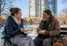 My sister overturned my wheelchair in the freezing park, dumped hot gravy across my trembling legs, and sneered, “You’re a dying embarrassment—freeze out here with your own kind.” I didn’t beg. I just watched the elderly homeless man beside me wipe his face, open a leather folder, and calmly say, “Interesting. I own your entire condo building.” Then he signed one document that erased her smile.