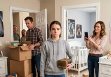 At fourteen, my father pointed at my bedroom and said, “The baby needs this room more than you. You can sleep in the storage room.” My stepmother filmed me while twelve relatives laughed in their family chat. I didn’t cry or argue. I quietly packed my things. Fifty-eight minutes later, a black SUV stopped outside. When my father saw who stepped out, his face went white. Then he whispered my name.