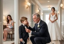Minutes before I was supposed to walk down the aisle, my three-year-old grandson grabbed my hand and whispered, “Grandpa… she hurt Mommy when you were gone.” I knelt to straighten his tiny suit, trying not to panic. Then he pulled a small silver recorder from his pocket. “Mommy said keep this safe.” I pressed play—and heard my future wife say something that made me realize there could be no wedding.