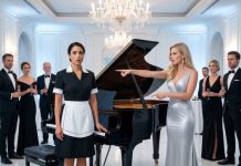 I was clearing champagne glasses when my billionaire employer’s fiancée shoved my three-year-old daughter away from the grand piano. “Dirty hands don’t touch things this expensive,” Vanessa sneered. I knelt beside Lily, swallowed my rage, and whispered, “Play Daddy’s song.” The moment her tiny fingers touched the keys, Adrian Blackwood turned white. “Where did she learn that melody?” he demanded. I looked straight at him. “From your dead brother.”