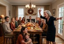 My mother-in-law slapped my five-year-old son so hard he fell face-first onto the Thanksgiving floor. Then she pointed at the door and screamed, “He’s not real family. Get him out!” Twenty relatives stayed silent while my son trembled in my arms. I didn’t cry. I looked straight at her and said four words: “I own this house.” The serving plate slipped from her hands—and suddenly nobody at that table could breathe.