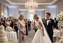 My son’s bride leaned close during the reception and whispered, “You should leave. No one here will care.” I looked at my son, waiting for him to defend me. Instead, he said, “Mom, maybe you should just go.” I picked up my purse—then turned toward the microphone. “Anyone required for tonight’s emergency company review, come with me.” Fourteen people stood. That was when the bride’s smile disappeared.