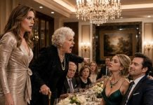 I walked into Grandma Evelyn’s anniversary dinner and found my husband’s mistress sitting in my chair, wearing the necklace from our private safe. Daniel smirked. “Don’t make a scene, Claire. You won’t be my wife much longer.” Then Grandma slammed her cane against the floor and shouted, “GET UP!” Everyone thought she was only defending me. They had no idea I was holding documents that could take the entire hotel away from Daniel.