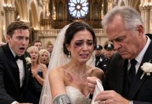 My daughter arrived at the altar wearing long gloves in July. When she reached for my hand, I felt the hard edge of a medical brace beneath the fabric. Her fiancé leaned close and warned, “Say nothing.” I looked at the bruise near her collar and replied, “You should have warned your father.” Then six military officers stood from the back row.