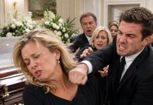My brother punched me at Dad’s funeral because I refused to hand him the safe key. Blood covered my black dress while relatives dragged him away. “She’s stealing my inheritance!” he screamed. I opened the safe in front of everyone. Inside was no money—only documents proving he had emptied Dad’s accounts months earlier.