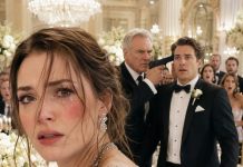 At our luxurious reception, my husband grabbed me by the hair, slapped me three times, and shouted, “Without me, you’re nobody!” The entire ballroom went silent. Then a man at the head table stood, pressed a gun to my husband’s temple, and growled, “How dare you touch my daughter?” My husband turned pale. He had no idea who my father really was—or what we were about to take from him next…