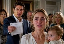 MY HUSBAND TEXTED, “COME HOME. WE HAVE WONDERFUL NEWS.” I WALKED IN CARRYING OUR ONE-YEAR-OLD DAUGHTER… ONLY TO FIND BOTH FAMILIES WAITING. HE DROPPED A DNA TEST IN FRONT OF EVERYONE. “SHE’S NOT MY CHILD!” MY MOTHER-IN-LAW YELLED, “GET OUT—AND TAKE HER WITH YOU.” THEN THE FRONT DOOR OPENED.
