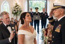 My father saw the scars across my neck and shoulders, stepped back, and whispered, “I will not walk a damaged bride down the aisle.” The guests fell silent—until the admiral beside him went pale and snapped to attention. “Then it would be my honor to escort the general who saved my entire unit.” My father’s face collapsed as military officers entered the chapel, carrying a sealed file that would destroy everything he had built…