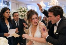 Right after our ceremony, my husband dragged me into the bridal suite, slapped me, and kicked my suitcase because I refused to give him access to my inheritance. “You’re my wife now. You don’t get to say no,” he said. My face swelled, and my arm was badly bruised beneath my gown. I wiped away my tears and returned to the reception. He didn’t know I had never filed the final marriage paperwork—and my attorney was already outside.