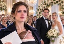 Six weeks after my husband left me and our nine-day-old daughter on the side of a mountain road during a blizzard, I walked into his wedding carrying that same baby against my chest. Mason expected me to stay away while he smiled beneath roses for people who had no idea what he had done, but the moment he saw me at the back of the ballroom, his face lost all color. What he still didn’t understand was why I had come carrying a sealed envelope—or how much truth was about to follow me into that room.