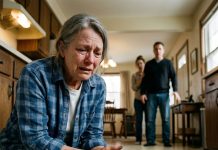 The bone hit the floor beside me as I knelt there, quietly eating scraps of bread. My daughter-in-law sneered, “An old, useless woman like you deserves nothing better.” I lowered my eyes, hiding the tears—until the front door opened. My son stood frozen, staring at his mother on the floor. Then his voice trembled: “Mom… what have they been doing to you?” And suddenly, I knew everything was about to change.