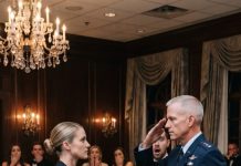 Fresh blood seeped beneath my bandage from a 7.62mm bullet wound as my brother sneered, “Meet my sister, folks—just a pathetic little desk typist while I run defense tech!” My parents laughed, clinking their glasses. I held my breath, enduring the pain in silence. Then Four-Star General Bradley slammed his glass down, stood at rigid attention, and snapped a crisp salute directly at me.