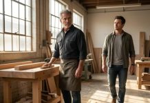 I paid for an old woman’s nails at the hardware store, but before leaving, she gripped my hand and whispered, “Whatever you do, don’t sweep the sawdust after your son-in-law leaves.” I thought she was confused—until the next morning. I opened my workshop door and froze. Beneath the sawdust was a hidden recording device. Then I realized someone had been watching me from inside my own business.