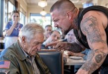 The thug poured my coffee onto the floor, crushed my dead brother-in-arms’ photograph beneath his boot, and laughed, “What are you going to do, old man?” I kept my hands steady and answered, “I already did.” Seconds later, twelve motorcycles roared into the parking lot. When my son walked through the diner doors wearing a Hells Angels vest, the bully’s smile vanished—but he still didn’t know the worst part.